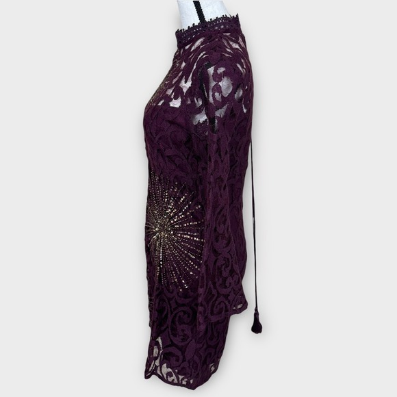 Free‎ People North Star Bell Sleeve Sequined Lace Plum Mini Dress Women's 4 - Picture 10 of 13